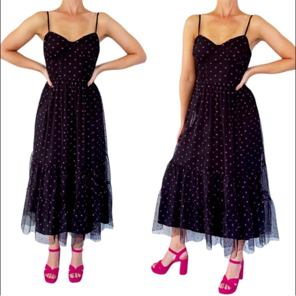 Betsey Johnson Black Midi Dress with Pink Polka Dots